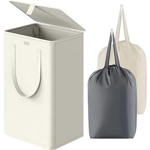 WOWLIVE 100L Laundry Hamper with Lid, Large Foldable Laundry Basket with 2 Removable Bags and Handles, Tall Collapsible Dirty Clothes Hamper for Laundry Room, Bathroom, Dorm (Beige)