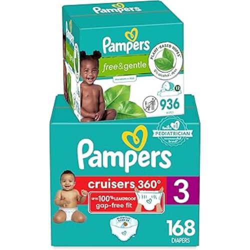 Pampers Pull On Cruisers 360° Fit Disposable Baby Diapers Size 3, One Month Supply (168 Count) with Free & Gentle Baby Wipes 12 Flip-Top Packs (936 Wipes Total)