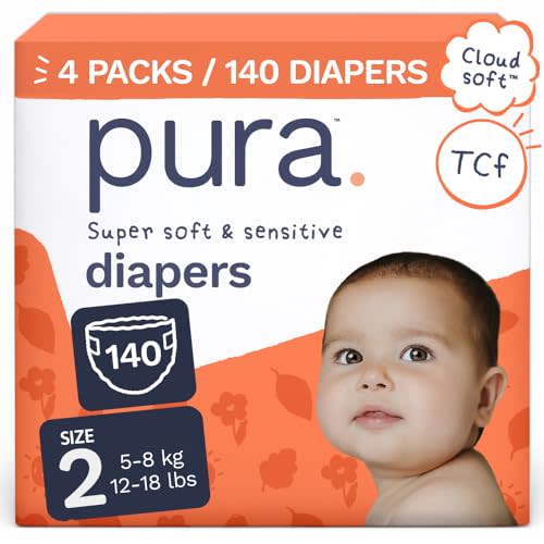 Pura Baby Diapers Size 2-140 Count, 12-18lbs, 12hr Leak Protection, Soft & Gentle Diapers for Hypoallergenic & Sensitive Baby Skin, Toxin-Free*, Organic Cotton, Blowout Blocker™, Wetness Indicator