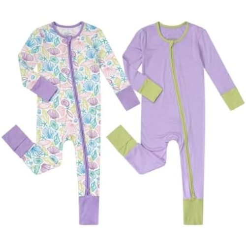 Teach Leanbh Unisex Baby 2 Pack Bamboo Viscose Pajamas with Mittens and Feet Cuffs 2 Way Zipper Long Sleeve Romper