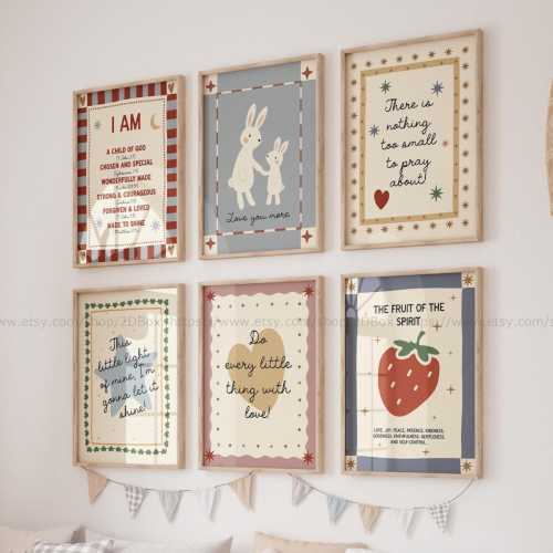 Christian Playroom Wall Art Set of 6 Christian Kids Wall Art Sunday School Decor Bible Verse Wall art Kids Fruit of the Spirt Child of God