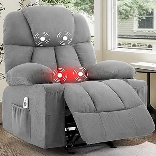 Massage Rocker Recliner Chair, Ergonomic Rocking Recliner Sofa with Vibration Massage & Heat, Reclining Fabric Nursery Chair for Living Room Lounge with 4 Pockets, 2 Cup Holders, Grey