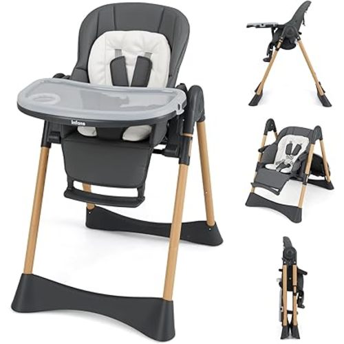 INFANS Baby High Chair, High Chairs for Babies & Toddlers with Adjustable Height Backrest Footrest Removable Tray, Easy to Clean PU Seat Convertible Quick Folding Portable Highchair