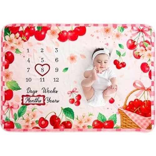Chumia Baby Monthly Milestone Blanket for Baby Girl 59"x39" Floral Photo Prop Age Milestone Blanket with 2 Felt Floral Wreath Frame(Red,Cherry)