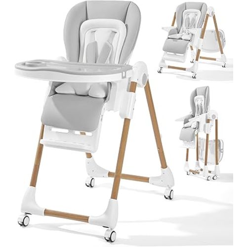 Mallify Foldable High Chairs for Babies and Toddlers, 3-in-1 Convertible Baby High Chair with Removable Soft Cushion and Tray, Adjustable Height & Recline, Lockable Wheels, Ligh Gray