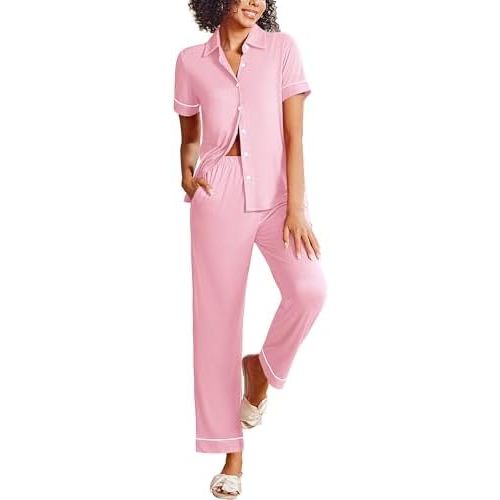 Ekouaer Womens Pajama Sets 2 Piece Button Down Short Sleeve Pjs Set Soft Lounge Set with Long Pants S-XXL