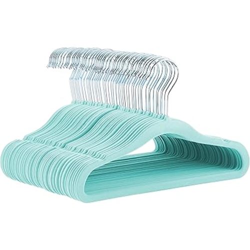 Amazon Basics Kid's Velvet Non-Slip Clothes Hanger, 11.6 Inch, Mint Green - Pack of 50