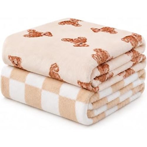 2 Pack Baby Blanket for Boys and Girls, 30 x 40 Inch Soft Flannel Fleece Receiving Blankets, Teddy Bear and Checkered Newborn Stroller Crib Blankets, Baby Boy Girl Essentials