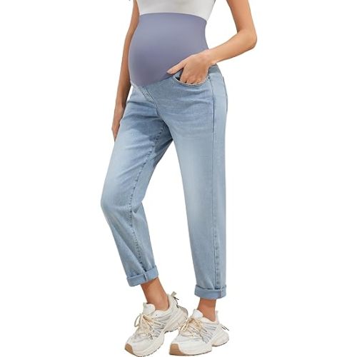 POSHGLAM Women's Maternity Jeans Over Belly Comfy Stretch 28'' Boyfriend Jeans Loose Pregnancy Pants, S-XXL