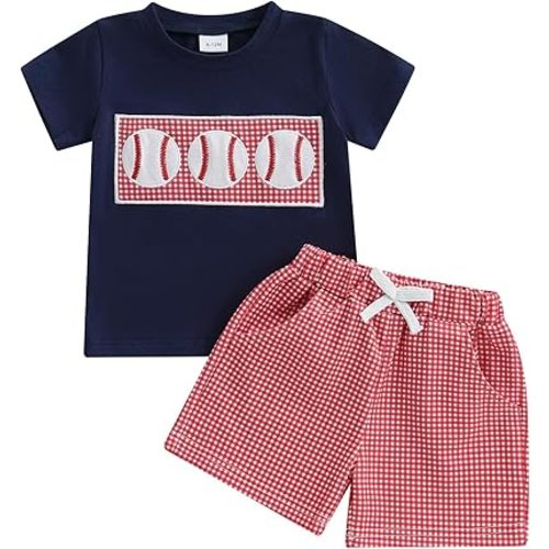 Fufuriprefer Toddler Baby Boy Summer Clothes Short Sleeve Embroidery Baseball T-shirt & Plaid Shorts Set 2 Piece Outfit
