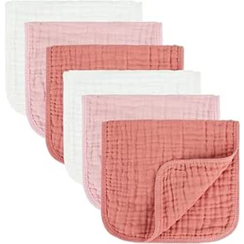 Baby Burp Cloth 100% Cotton Newborn Cotton Muslin Burp Cloth 10x20 inches (White & Pink 6 Pieces)