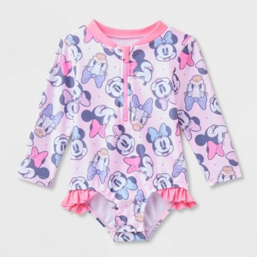 Baby Girls' Disney Minnie & Daisy Long Sleeve One Piece Rash Guard - Pink 9M