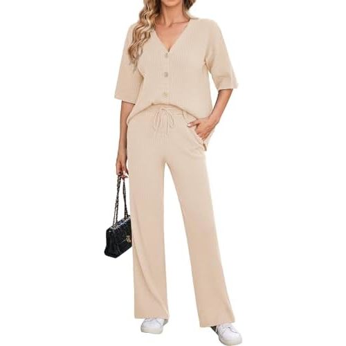 Arach&Cloz Womens 2 Piece Sets Spring Summer Outfits 2024 Short Sleeve Cardigan Sweaters Wide Leg Pants Lounge Tracksuits