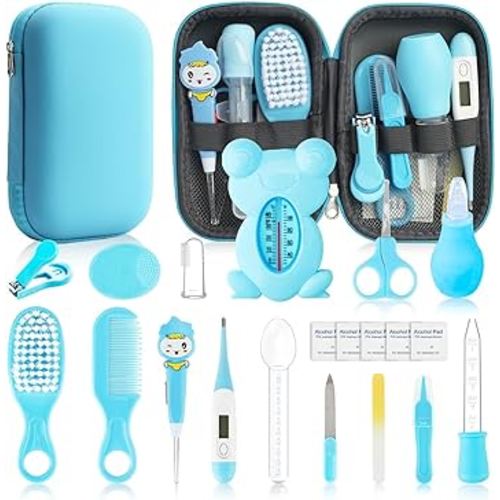 Baby Healthcare and Grooming Kit, 20 in 1 Baby Safety Set Newborn Nursery Health Care Set with Hair Brush Scale Nail Clippers for Baby Girls Boys(20 kits Pink) (Blue 20 in 1)
