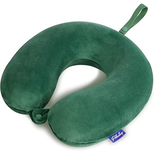 Neck Pillow for Travel Memory Foam - Travel Pillows for Sleeping Airplane with Attachable Snap Strap Soft Washable Cover, Flight Pillow for Traveling, Car, Provide Head Neck Support Dark Green