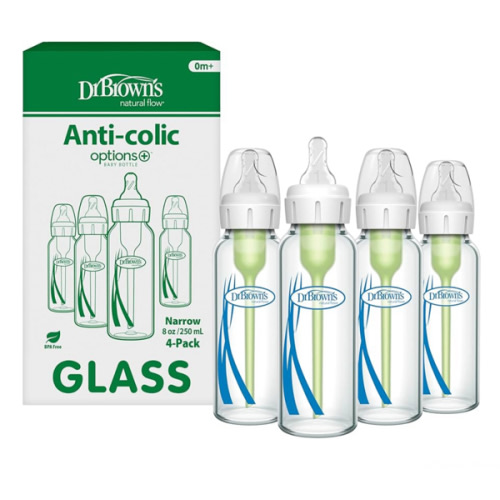 Dr. Brown's Anti-Colic Options+ Narrow Glass Baby Bottle with Level 1 Slow Flow Nipple, BPA-Free, 8 oz/250 mL, 4-Pack