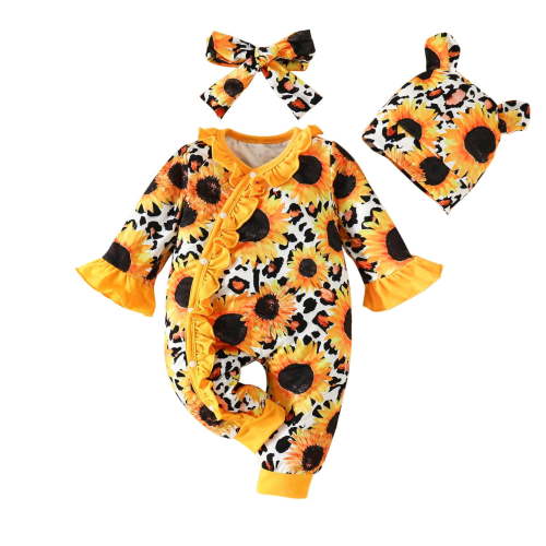 Zwiiyzr 0-18M Infant Baby Girl Clothes Long Sleeve Ruffle Romper Headband Hat Outfit Set Button Baby Clothes Orange
