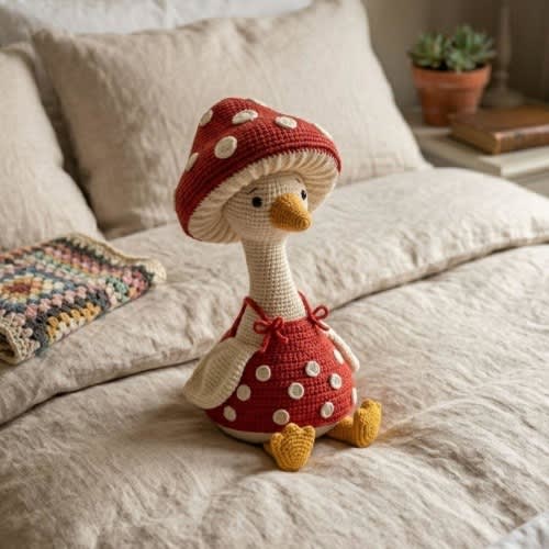 Crochet Goose Plush Doll, Handmade Mushroom Duck Amigurumi, Physical Stuffed Toy, Baby Nursery Decor, Woodland Baby Shower Gifts, Baby Gifts