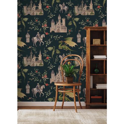 Medieval wallpaper with castle, dragon, floral Home Decor | Home Renovation | Wall Art | Peel and Stick Or Non Self-Adhesive Vinyl Wallpaper