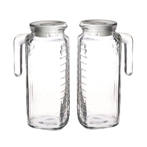Bormioli Rocco Gelo Glass Jug with Handle & Spout - Set of 2, 41 Oz. Pitchers with Lined Grip - Dishwasher & Microwave Safe Drinkware - (White Lid)