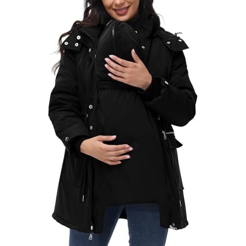 PBNBP Womens 3-in-1 Maternity Puffer Coats Winter Warm Quilted Lined Parka Water-Resistant Babywearing Hooded Jackets