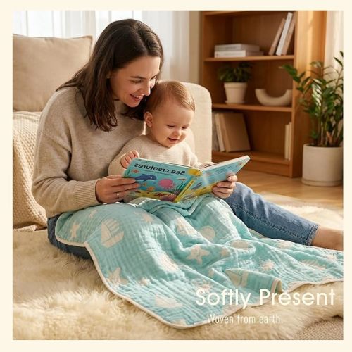 6-Layer Muslin Baby Blanket Made with Organic Cotton - Serene Ocean Life & Sea Wonders Theme,Swaddle & Crib Quilt, 43" x 43",Green Ocean