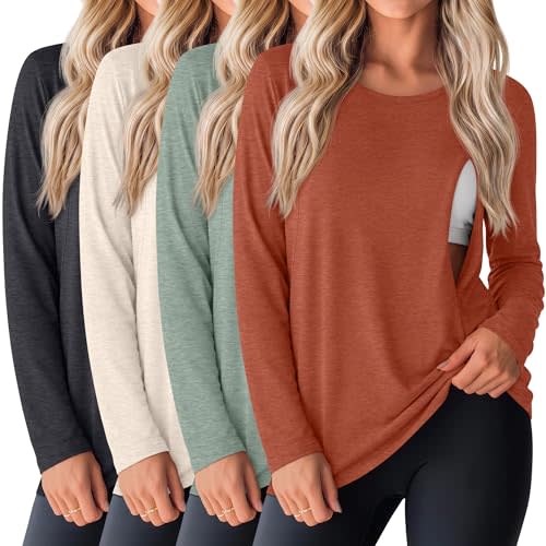 Oakgarden 4 Pack Women Cotton Nursing Tops | Breastfeeding, Maternity, Hidden Zippers, Crew Neck, Long Sleeve, Pregnancy Shirts, Soft, Comfortable, Daily Wear, Outings