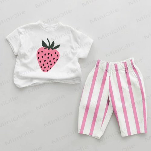 Baby Pink Strawberry Vertical Striped 2-piece Set