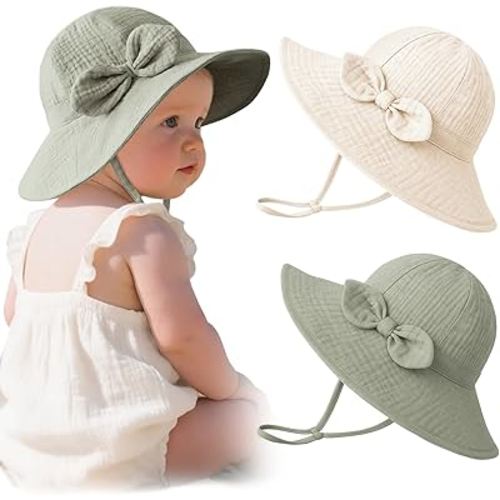 Konssy Muslin Baby Sun Hat 2-Pack, UPF 50+ Sun Protection Wide Brim Summer Beach Hat, Bucket Hat for Girls and Boys