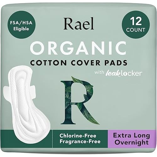 Rael Pads for Women, Organic Cotton Cover - Period Pads with Wings, Feminine Care, Sanitary Napkins, Ultimate Absorbency, Postpartum, Unscented, Ultra Thin (Extra Long Overnight, 12 Count)