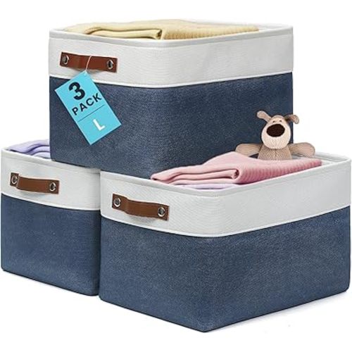 OrganiHaus Large Fabric Storage Baskets for Shelves 3 Pack, 15x11in Closet Storage Bins, Canvas Storage Bin for Organizing, Cloth Baskets, Linen Closet Organizers, Navy Blue/Off-White