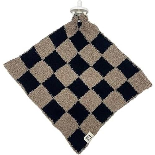 Checkered Baby Lovey Pacifier/Teether Holder 10"x10" - DreamSoft Plush Fluffy Cuddly Soothie Reversible Mini Comfort Blanket - Cute Newborn Gift Essential for Babies Boys and Girls (Black/Brown)