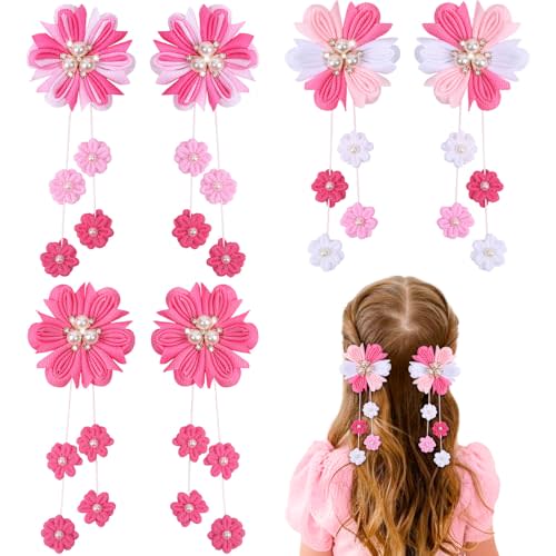 OAOLEER 6PCS Hair Bows for Girls, Pink Flower Hair Accessories for Girls Grosgrain Ribbon Bows With Alligator Clips Girl Hair Accessories for Kids Teen Back to School