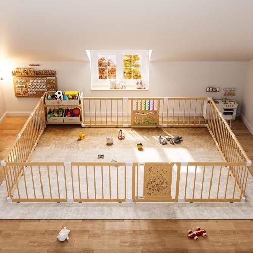 Large Wooden Baby Storage Playpen 9+3 Panels 70.86”×47.24” | Size Adjustable Play Yard for Babies and Toddlers, Baby Fence Activity Center with 4 Toy Storage Cases Play Pen