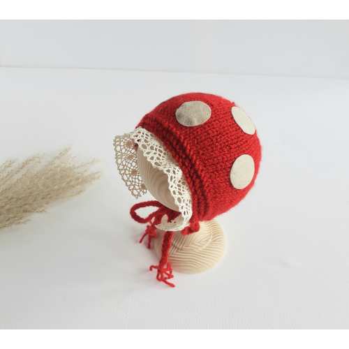 Newborn baby toadstool hat Mushroom knitted bonnet cap Enchanted forest woodland baby shower gift Amanita muscaria fly agaric baby clothing