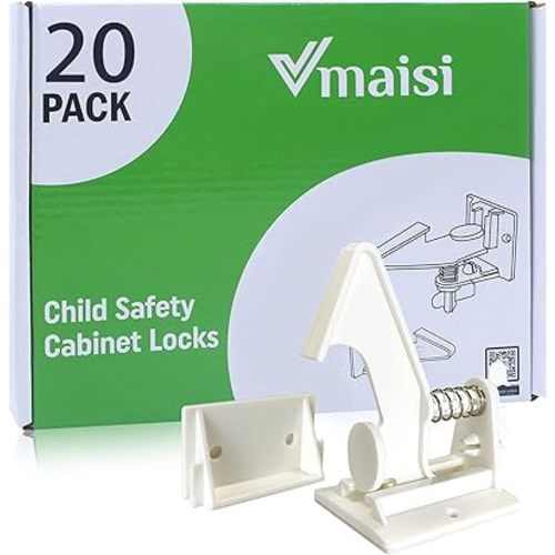 Vmaisi 20 Pack Cabinet Locks Child Safety Latches - Baby Proofing Cabinets Drawers Lock - Upgraded Stronger Adhesive Easy Installation - No Drilling