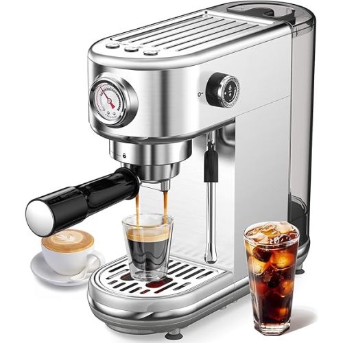 Espresso Machine with Milk Frother, 20 Bar Pressure Espresso Maker, with 44OZ Removable Tank, Compact Stainless Steel Coffee Machine for Home, Office, Latte, Cappuccino, Gift for Women or Men