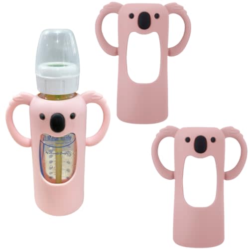 Frezonika 2 Pcs Silicone Sleeve Compatible with Dr. Brown Narrow Glass Baby Bottle 8 oz/250 mL, Cute Koalas Shape Drop Protection Sleeves with Silicone Handles (2 Pink, 8 Ounce)