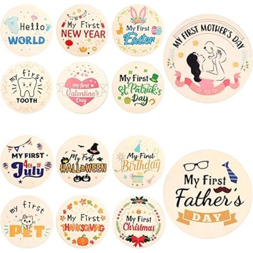 7pcs My First Holiday Baby Milestone Signs, Wooden Round My First Sign of 14 Holiday New Baby Signs Double Sided Babies Announcement Sign for Babies Shower Party Supplies Gift