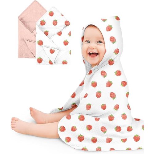 Hooded Baby Towels 2 Pack, Muslin Baby Bath Towels with Hood for Newborn Infant and Toddler, Soft Breathable & Absorbent, 30" x 30" (Strawberry & Pale Pink)