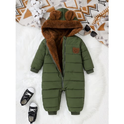 12-18mth [Winter Warmth Hooded Onesie] 100% Polyester Plush Winter Warmth Baby Boy's Hooded Onesie | Casual Solid Color Loose Fit with Chop Staming Detail, Woven Boys Outerwear for Autumn and Winter, Outdoor