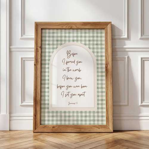 Jeremiah 1:5 Nursery Wall Art, Sage Green Gingham Arch Print, Bible Verse Printable, Christian Baby Boy Room Decor, Before I Formed You