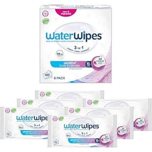 WaterWipes Sensitive+ Body & Intimate Wipes, 3-In-1 Cleans, Cares, Protects, 99.9% Water, Unscented & Hypoallergenic Hygiene Wet Wipes, Adult Care,180 Wipes (6 Packs)