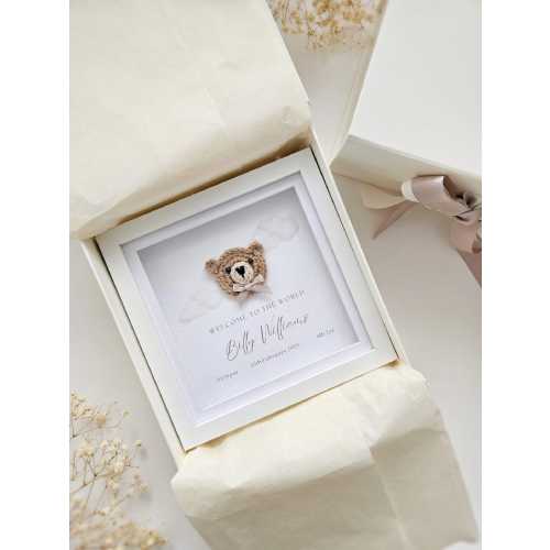 Personalised Crochet Bear Frame, Baby Nursery Decor, New Baby Gift, Birth Details Keepsake, Teddy Bear Nursery Wall Art, Luxury Baby Shower