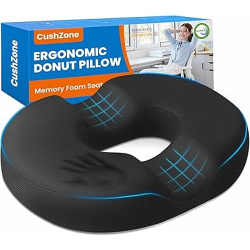 CushZone Donut Pillow Seat Cushion for Postpartum Pregnancy, Large Ergonomic Chair Seat Cushions, Office Chair Cushion, Breathable Hemorrhoid Pillow, Lifting Chair Pads for After Surgery(Black)