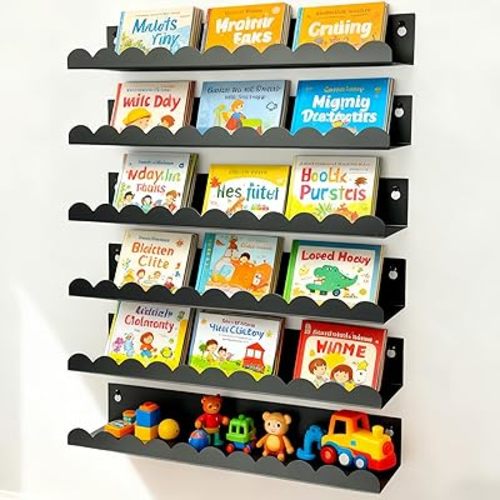 Nursery Book Shelves Set of 6, Black Metal Floating Shelves for Wall, 16 Inch Scalloped Book Shelf for Kids Room, Bathroom, Bedroom, Playroom Wall Decor & Storage