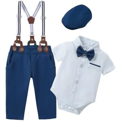 ZOEREA Baby Boy Suit Gentleman Outfit Clothes Infant Tuxedo Short Sleeve Dress Shirt+Suspender Pants+Bowtie+Hat 0-18M
