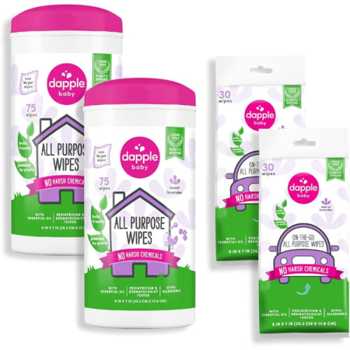 Dapple Baby All Purpose Wipes, Plant Powered, Hint of Lavender, Hypoallergenic, 75 Count Canister (Pack of 2) + 30 Count (Pack of 2)