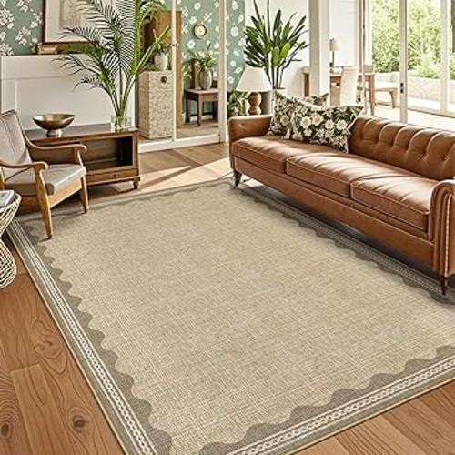GarveeHome Washable Rugs 5x7 Rug for Living Room, Scalloped 5 x 7 Rug Solid Tan Jute Digital Printing Modern Low-Pile Carpet for Bedroom Dining Nursery Non Slip Mat with Rubber Back