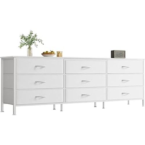 Huuger 63 Inch Dresser for Bedroom, Dresser for Closet with 9 Fabric Drawers, Large TV Stand for 55, 65, 70 Inch TV, Entertainment Center with Storage, Wide Long Chest of Drawers, White